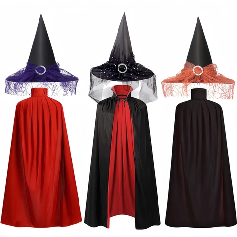 Set Costume Halloween Mantello Mago Strega Con Cappello A Punta Mantella Collo Alto Doppia Faccia Raso Pizzo