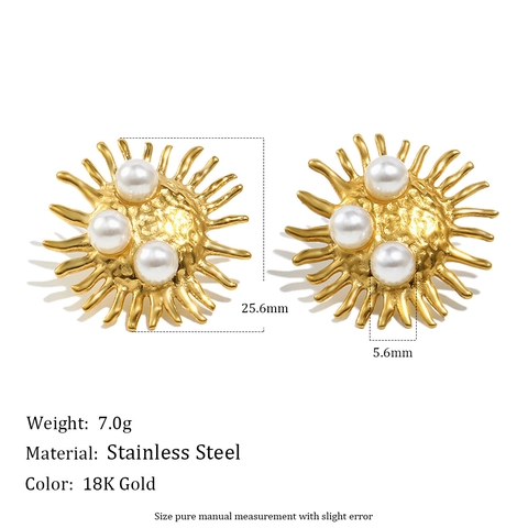 Sunburst Artificial Pearl Stud Earrings 18K Gold Plated Stainless Steel Vintage Hammered Texture Fashion Jewelry For Women