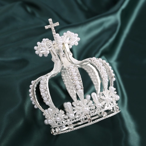 Elegant Alloy Crown Cake Topper With Faux Pearls Rhinestones Cross Vintage Decorative Tiara For Wedding Birthday Party Decorations