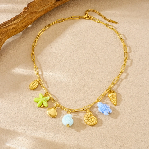 Collar De Acero Inoxidable Con Colgantes Del Océano Bañado En Oro Tortuga Marina Estrella De Mar Concha Joyería Para Mujer