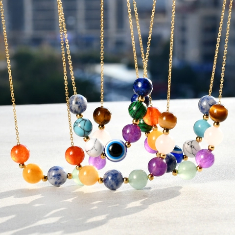 Evil Eye Natural Stone Rainbow Bead Necklace Stainless Steel 18K Gold Plated Bohemian Jewelry For Women With Wish Card