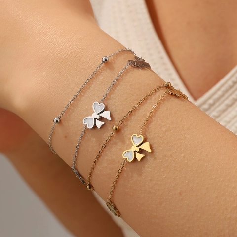 Gioielli Acciaio Inossidabile Placcato Oro 18K Madreperla Farfalla Fiocco Collana Doppio Strato E Bracciale Donna