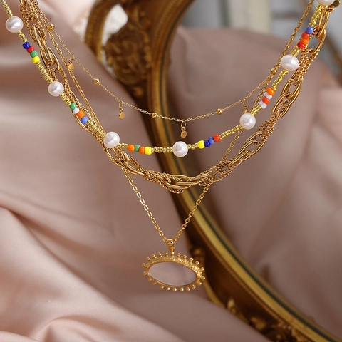 Layered Titanium Steel Jewelry Necklace Bracelet Gold Plated Butterfly Shell Artificial Pearl Colorful Bead Boho Minimalist Women