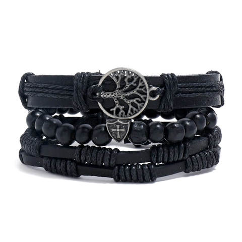 Juego De Pulseras Multicapa Cuero Trenzado Cuentas De Madera Aleación Árbol De La Vida Retro Bohemio Para Hombres Ajustable