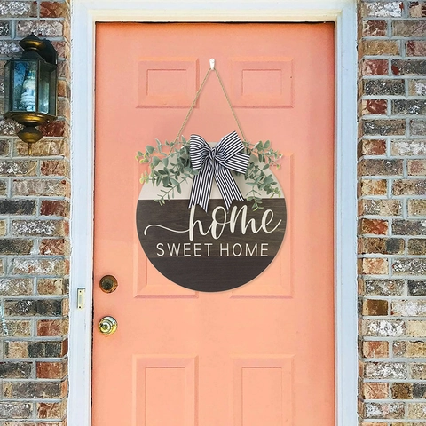 Letrero De Puerta Redondo De Madera Corona De Bienvenida Con Eucalipto Artificial Lazo Rayado Home Sweet Home Decoración