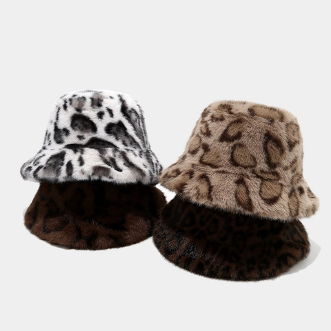 Leopard Print Fischerhut Aus Kunstpelz Warm Plüsch Winter Tiermuster Weiche Dicke Beckenkappe Für Damen