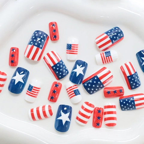 USA Flagge Kunstnägel Glänzend Sterne Streifen Rot Weiß Blau Künstliche Nägel Für Damen Feiertag Party Trendig