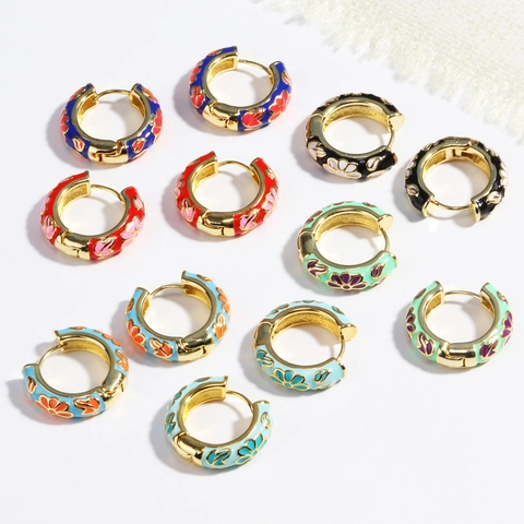 Vintage Floral Enamel Hoop Earrings 18K Gold Plated Brass Ethnic Huggie Jewelry For Women