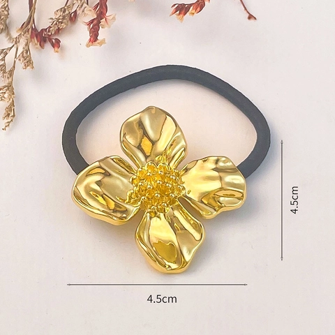 Alloy Metal Gold Flower Bow Hair Ties Elastic Ponytail Holders Fashion Accessories For Women Minimalist Style