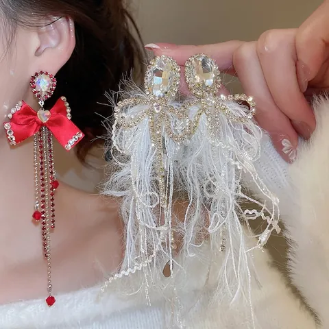 Schleife Lange Quasten Ohrringe Mit Silbernem Ohrstecker Feder Band Elegante Luxus Hängeohrringe Schmuck Für Damen
