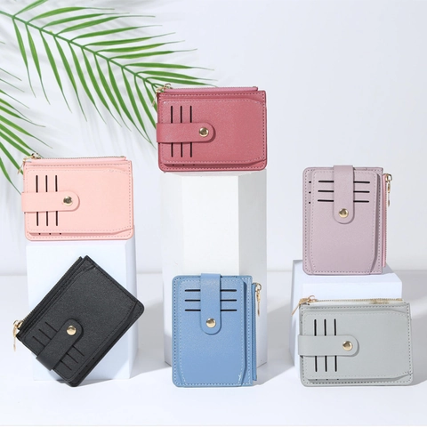 Womens Mini Card Holder Wallet PU Leather Multi Slots Zipper Coin Purse Snap Button Portable ID Credit Card Case