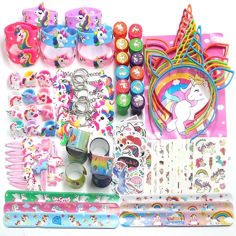 Unicorn Cartoon Kids Party Favors Toy Variety For Girls Including Slap Bracelets Rings Hair Clips Keychains And Tattoos