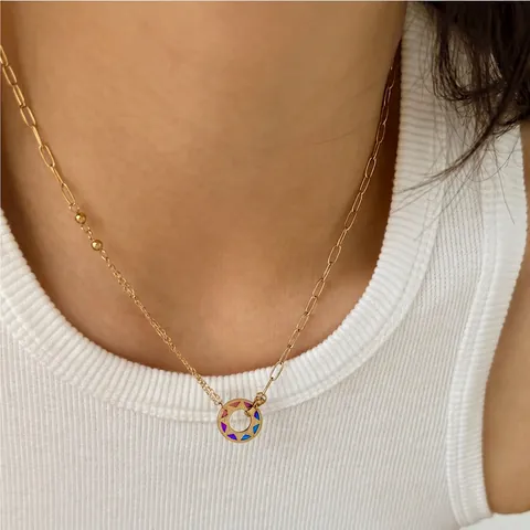 Donut Pendant Necklace 304 Stainless Steel Asymmetric Paperclip Bead Chain Enamel Geometric Jewelry For Women