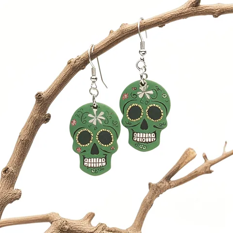 Mexican Sugar Skull Earrings Acrylic Colorful Calavera Drop Dangle Jewelry For Halloween Day Of The Dead Party Gothic Women