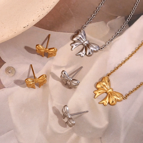 Stainless Steel Bowknot Ribbon Pendant Necklace Stud Earrings For Women Elegant Gold Silver Color Ribbon Fashion Jewelry