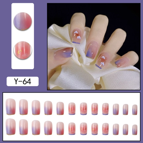 Unghie Finte Quadrate Sfumate Rosa Viola Design Nuvola Stella Bordo Dorato Luccicante Punte Per Unghie Artificiali