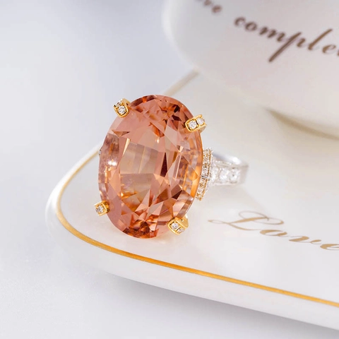 Oval Champagne Simulated Gemstone Copper Ring Micro Pave Rhinestones Adjustable Open Band Elegant For Women