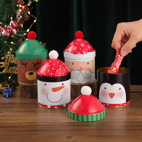 Christmas Tin Box Storage Jar Tinplate Cartoon Santa Snowman Reindeer For Candy Gift Festive Party Decor Metal Container