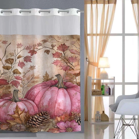 Halloween Autumn Shower Curtain And Floor Mat Detachable Liner Waffle Polyester Waterproof Hookless Mesh Window Pattern