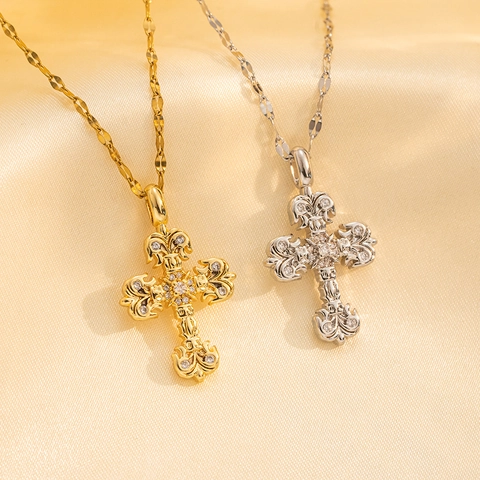 Collana Con Pendente a Croce in Acciaio Inossidabile Vintage Con Motivo a Fiamma in Strass Gioielli Religiosi Hip Hop Oro Argento