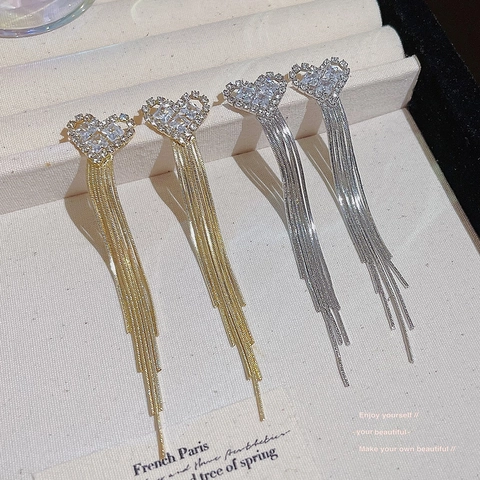 Kupfer Herz Quasten Anhänger Ohrringe Zirkonia Eingelegt Luxus Stil 925 Sterlingsilber Ohrstecker-Stift Damen Schmuck