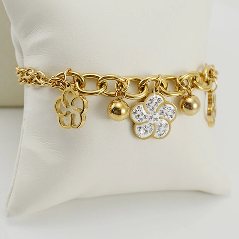 Blumen Anhänger Armband 18K Vergoldet Edelstahl Mit Funkelndem Strass Doppelter Kette Eleganter Schmuck Für Damen