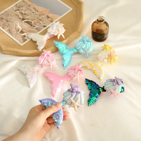 Kids Girls Mermaid Tail Sequin Hair Clips With Sparkly Shell Starfish Decor Colorful Alligator Hairpins