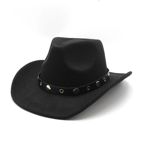 Western Cowboy Hat Wool Blend Felt Wide Brim Rivet Leather Band Retro Style Unisex Outdoor Fedora