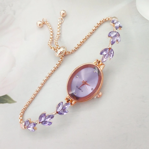 Women's Fashion Wheat Leaf Bracelet Watch Elegant Adjustable Sliding Clasp Rhinestone Inlay Oval Dial Quartz Wristwatch Jewelry