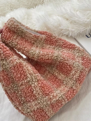 Borsa Tote In Peluche Ecopelliccia Scacchiera Leopardata Grande Capacità Morbida Borsa A Spalla Inverno
