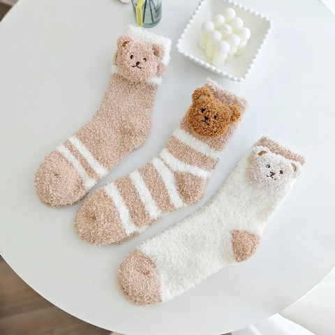 Dames Koraalvlies Sokken Dikke Winter Warme Slaapsokken Met 3D Teddybeer Gestreepte Huisvloer Sokken Zachte Pluche Kousen