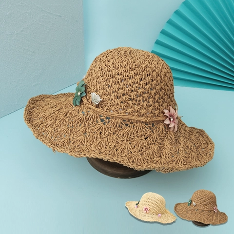 Cappello Di Paglia A Tesa Larga Intrecciato A Mano Protezione Solare Traspirante Spiaggia Estate Decorazione Floreale Donne