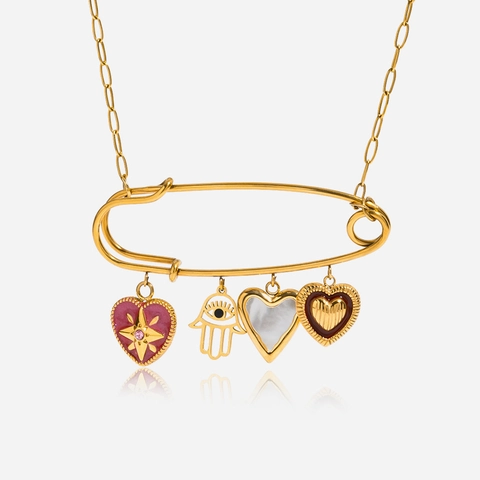 18K Vergoldete Edelstahl Sicherheitsnadel Halskette Hamsa Herz Emaille Muschel Anhänger Vintage Boho Schmuck Für Damen