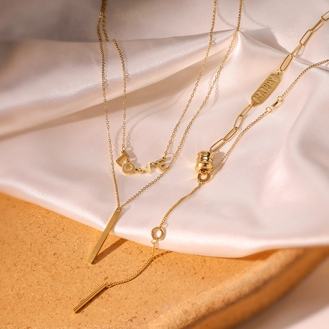 Stainless Steel Gold Plated Necklace For Women Minimalist Y-Shaped Layered LOVE HAPPY Letter Pendant Fashion Jewelry