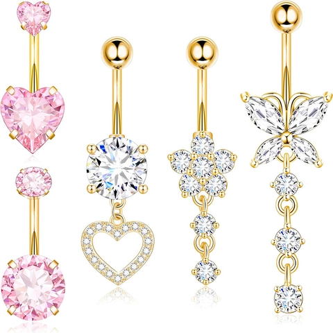 Heart Butterfly Flower Navel Rings Stainless Steel Copper Zirconia Inlaid Navel Piercing Jewelry For Women Body Decor