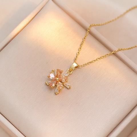 Luxury Flower Pendant Necklace And Rotating Ring Gold Plated Titanium Steel Zirconia Floral Jewelry For Women Banquet Gift