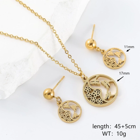 Hollow Heart Butterfly Blume Kleines Mädchen 304 Edelstahl Halskette Und Ohrringe Schmuck Vergoldet Mode Frauen