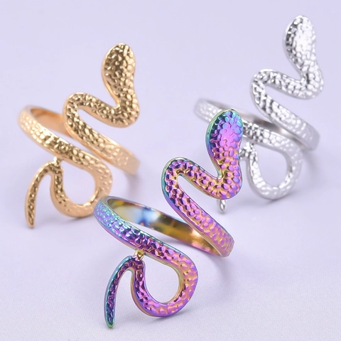 Anillo Serpiente Acero Inoxidable Ajustable Abierto Textura Escamas Estilo Punk Joyería Para Mujeres Hombres