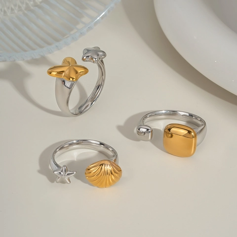 Minimalist Adjustable Open Rings Stainless Steel Gold Silver Two Tone Star Sea Shell Butterfly Geometric Jewelry Women