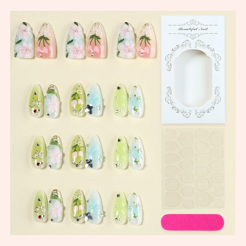 Unghie Finte Fatte A Mano Press On Nails 3D Fiore Fiocco Perla Artificial Arredo Francese Corto Quadrato Resina Per Donne