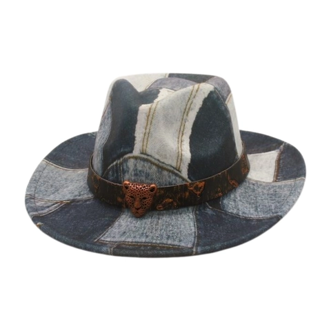 Vintage Heart Crown Denim Patchwork Fedora Hat With Leopard Head Buckle Western Cowboy Style Wide Brim Jazz Cap