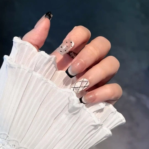 Black French Press On Nails Polka Dot Lattice Cat Eye Design Square ABS Plastic Reusable False Nails For Women