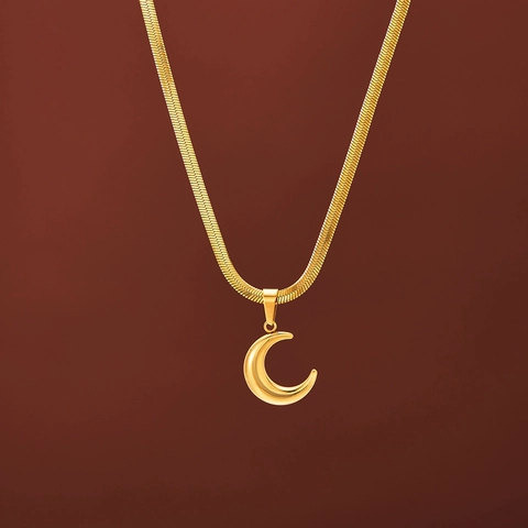 Collar Con Colgante De Media Luna Acero Inoxidable Chapado En Oro 18K Cadena De Serpiente Plana Joyería Minimalista Mujer