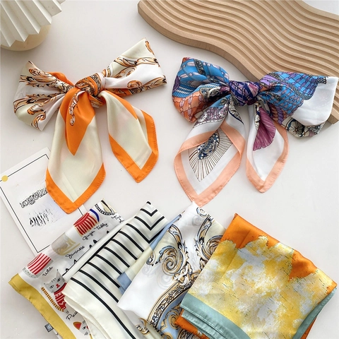 Satin-Like Polyester Square Scarf Fashionable Printed Neck Kerchief Elegant Hair Accessory For Women Various Patterns