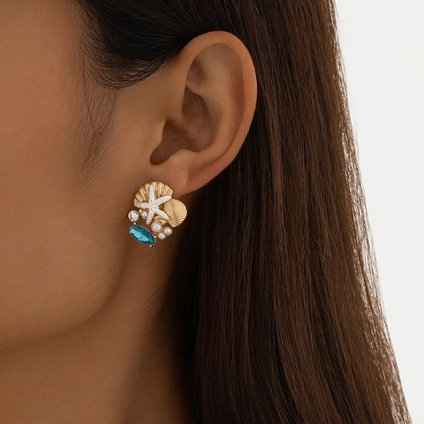 Orecchini A Lobo Tema Oceano Stella Marina Conchiglia Con Cristallo Blu E Finta Perla Artificial Gioielli In Lega Per Donna Estate