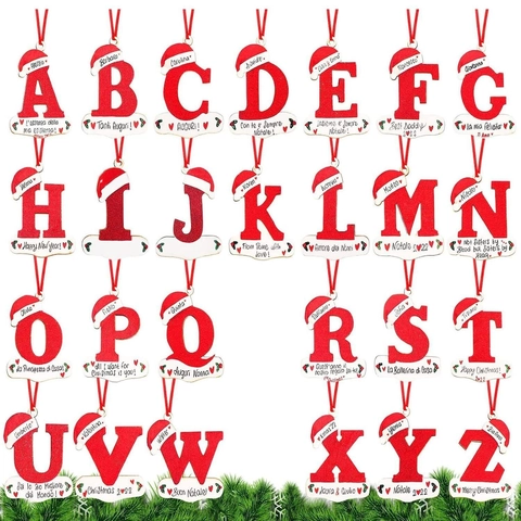 Christmas Letter Ornaments Acrylic Red Glitter Alphabet With Santa Hat For Xmas Tree Hanging Holiday Home Decor