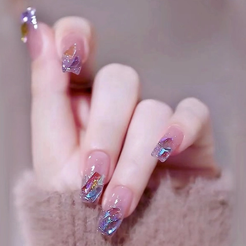 Faux Ongles Press On Dégradé Rose Violet Aurore Strass Paillettes Décor Coquillage Forme Cercueil Courte