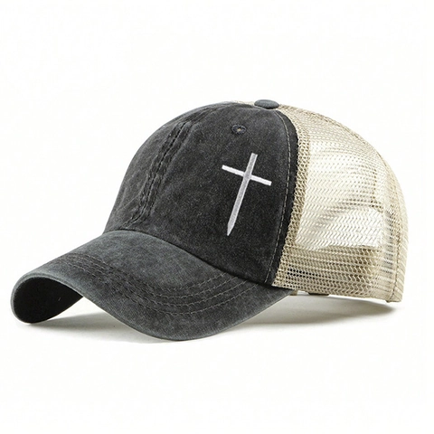 Baseball Kappe Gewaschene Baumwolle Polyester Netz Besticktes Kreuz Trucker Hut Verstellbar Sonnenschutz Lässig
