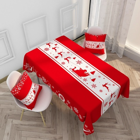 Mantel De Navidad Impermeable Poliéster Rectangular Patrón De Reno Copo De Nieve Decoración De Cubierta De Mesa