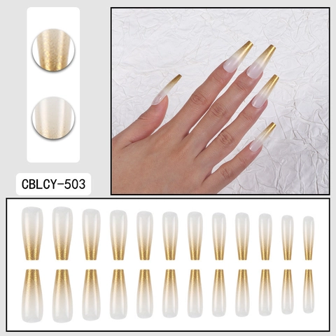 Uñas Postizas Press On Largas Forma Ballerina Degradado Brillo Dorado Elegante Desmontable Para Mujer Modernas
